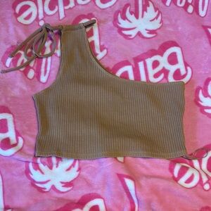 Brown Ribbed One-Shoulder Top
